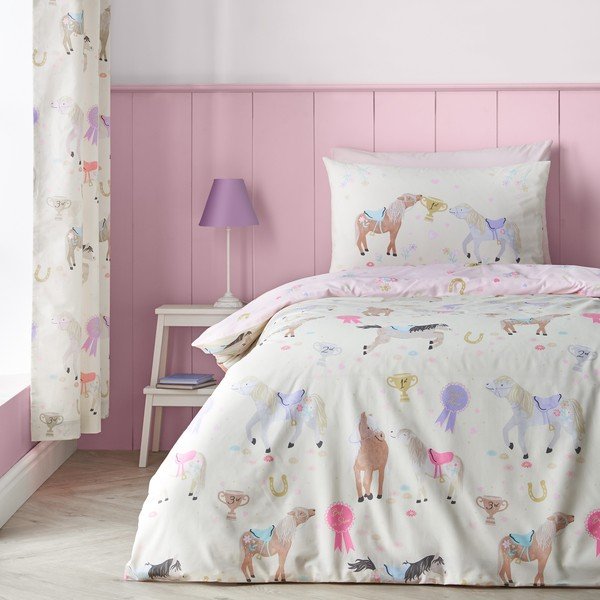 Set copripiumino e federa da bambini rosa/color crema per letto singolo 135x200 cm Happy Horses – Catherine Lansfield-image-1