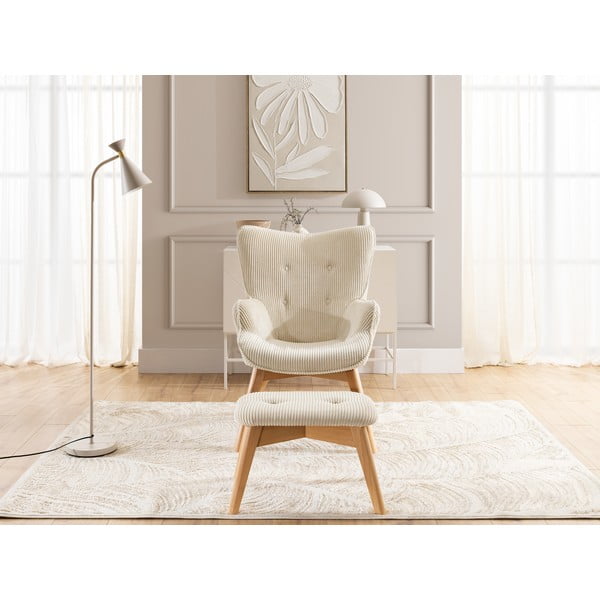 Poltrona con poggiapiedi beige con rivestimento in velluto a coste Niko – Ropez-image-1