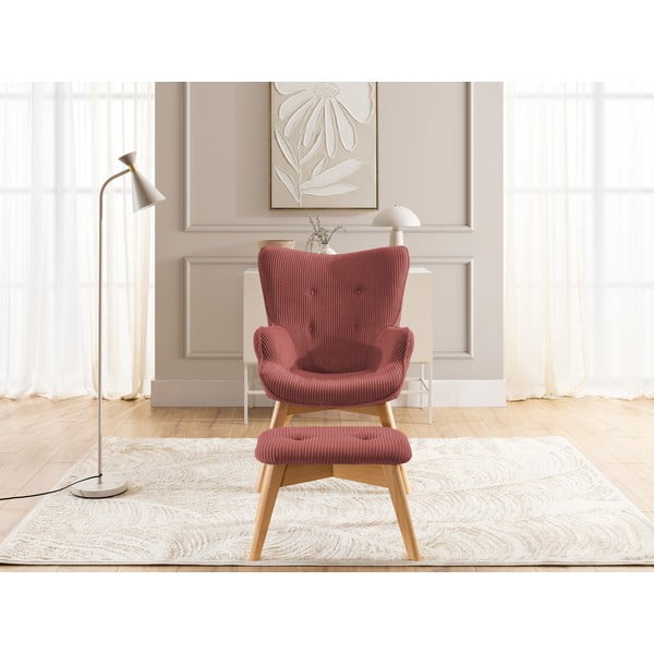 Poltrona con poggiapiedi rossa con rivestimento in velluto a coste Niko – Ropez-image-1