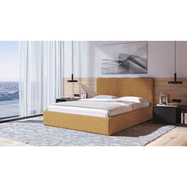 Letto matrimoniale imbottito giallo ocra con contenitore con rete inclusa 160x200 cm Bufo – MESONICA-image-1