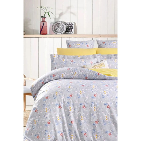 Biancheria da letto gialla/grigia in cotone renforcé per letto matrimoniale/per letto esteso con lenzuolo incluso/4 pezzi 200x220 cm – Mila Home-image-1