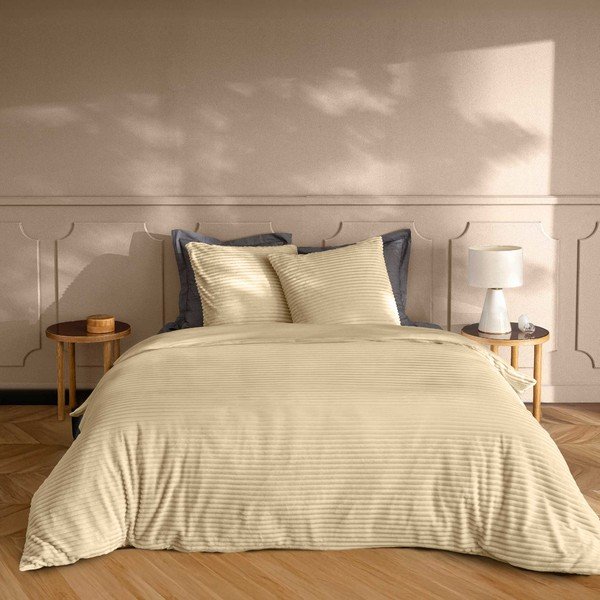 Set copripiumino e federa beige in flanella per letto matrimoniale/per letto esteso 3 pezzi 240x220 cm Veloutea – douceur d'intérieur-image-1