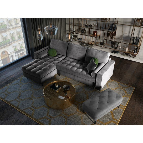 Divano letto angolare in velluto grigio scuro, angolo sinistro Santo - Milo Casa-image-1