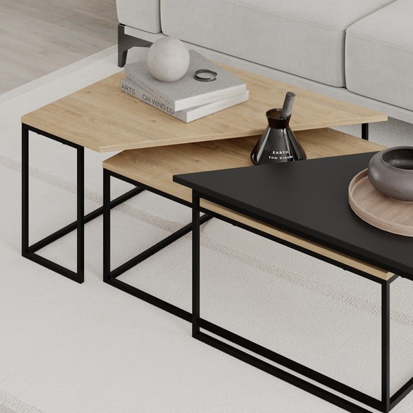 Set di 3 tavolini con piano in rovere decorato in colore naturale 70x110 cm Titan - Marckeric-image-4