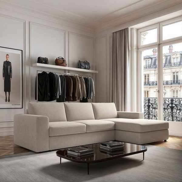 Divano angolare beige (con penisola a destra e chaise lounge) rivestito in velluto Baga – Rodier-image-1