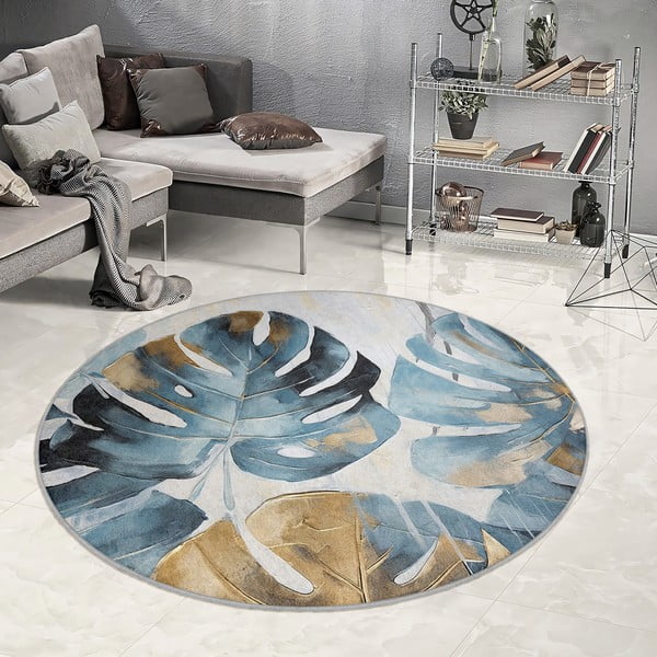 Tappeto rotondo blu lavabile ø 120 cm Golden Leaves – Mila Home-image-4