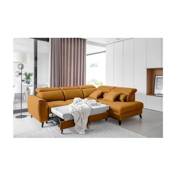 Divano angolare giallo allungabile/con contenitore (con penisola a destra/a L) e rivestimento in velluto Noble – ELTAP-image-4