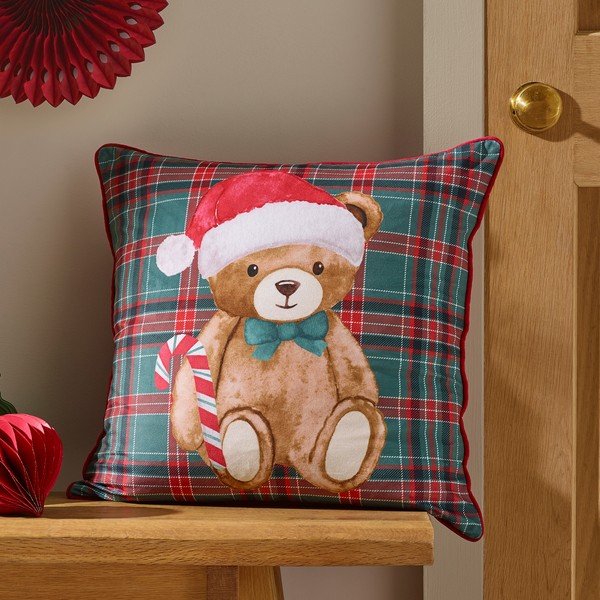 Cuscino decorativo a tema natalizio 45x45 cm Christmas Tartan Teddy Bear – Catherine Lansfield-image-1