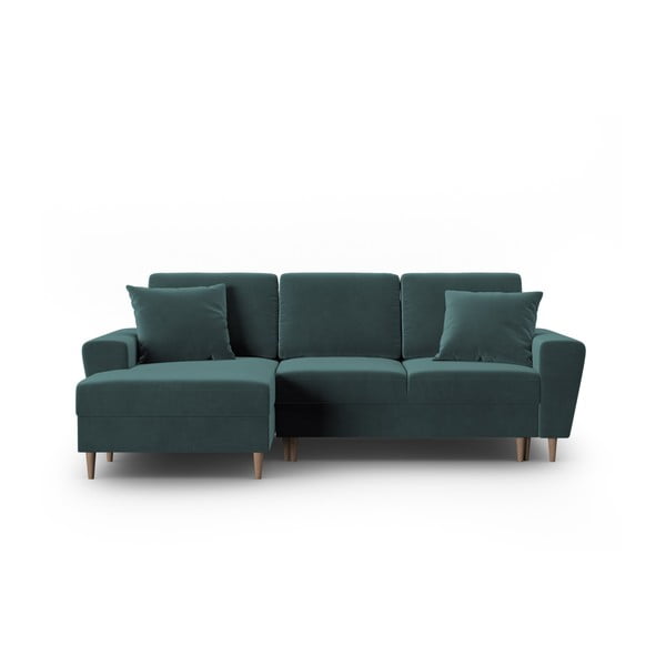 Divano angolare color petrolio allungabile e con contenitore (con penisola a sinistra/con chaise lounge) con rivestimento in velluto Kyoto – Cosmopolitan Design