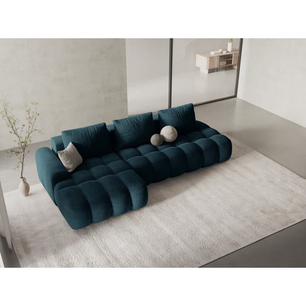 Divano angolare color petrolio allungabile/con contenitore (con penisola a sinistra/con chaise lounge) con rivestimento in velluto Linz – Cosmopolitan Design-image-1