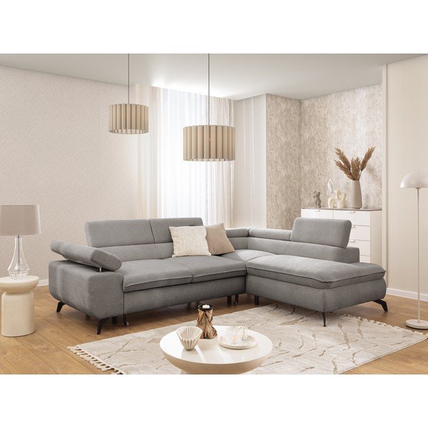 Divano angolare grigio chiaro (con penisola a destra/a L) con rivestimento in ciniglia Marbeya  – Ropez-image-1