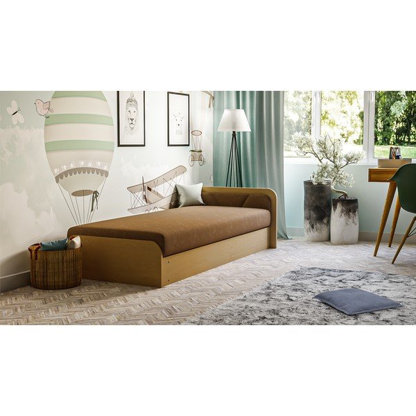 Letto singolo imbottito/in truciolato giallo ocra/marrone con contenitore e materasso inclusi 80x190 cm Parys – ELTAP-image-1