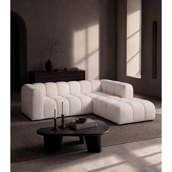 Divano angolare color crema (con penisola a destra e chaise lounge) con rivestimento in velluto Cube – Bonami Selection-image-1