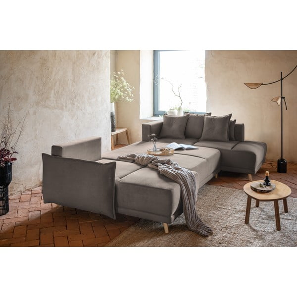 Divano letto angolare in velluto a coste marrone chiaro (angolo destro a forma di U) Lazy Lukka - Miuform-image-4