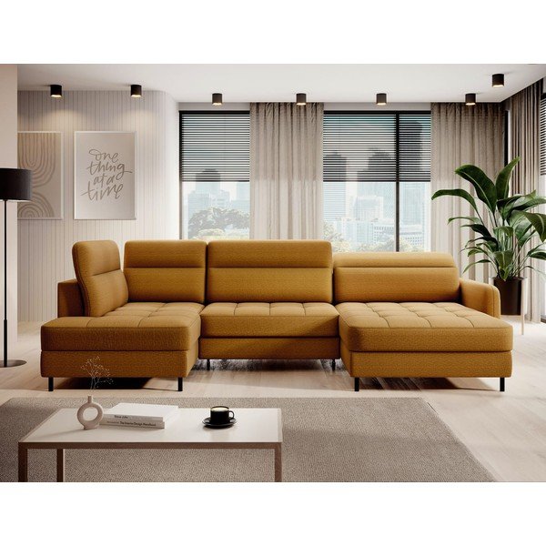 Divano angolare giallo allungabile/con contenitore (con penisola a sinistra/a U) e rivestimento in velluto Berrto – ELTAP-image-1