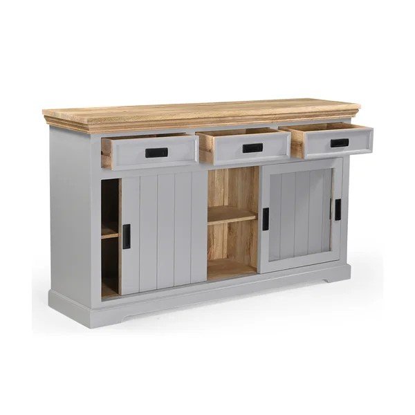 Credenza grigia/di colore naturale in mango massiccio con porte scorrevoli 160x90x40 cm Alpinist – Støraa-image-3