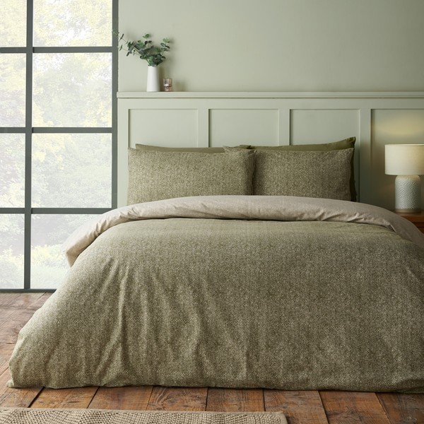 Set copripiumino e federa verde in flanella per letto matrimoniale 200x200 cm Brushed Herringbone – Catherine Lansfield