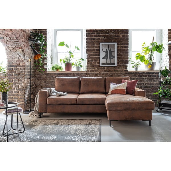 Divano letto vintage in similpelle marrone, angolo destro Lofty Lilly - Miuform-image-4