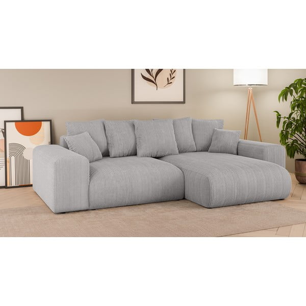 Divano angolare grigio chiaro allungabile/con contenitore (con composizione variabile) con rivestimento in velluto a coste Luma – Ropez-image-1