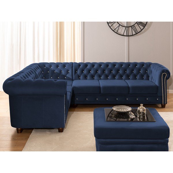 Divano angolare blu allungabile (con penisola a sinistra/a L) con rivestimento in velluto York Blik – Ropez-image-4