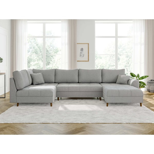 Divano angolare in velluto a coste grigio chiaro (angolo destro/U) Ariella - Ropez-image-1