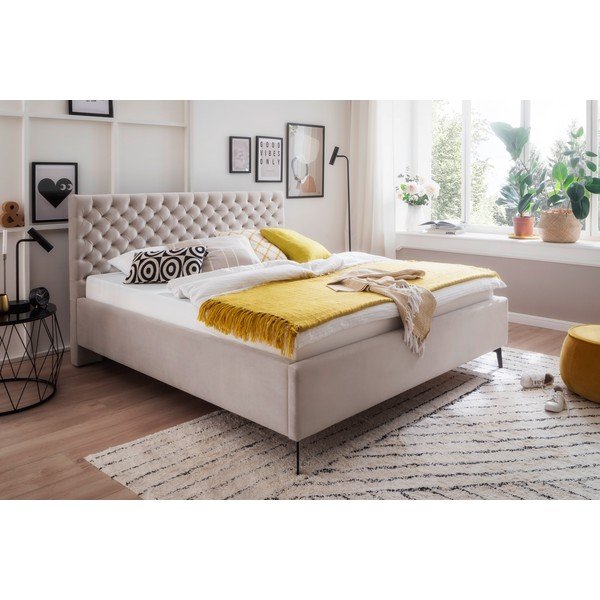 Letto matrimoniale imbottito bianco/color crema con contenitore con rete inclusa 180x200 cm La Maison – Meise Möbel-image-1