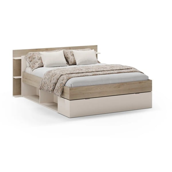 Letto matrimoniale effetto rovere con contenitore senza griglia in colore bianco e naturale 140x190 cm Albo - Marckeric