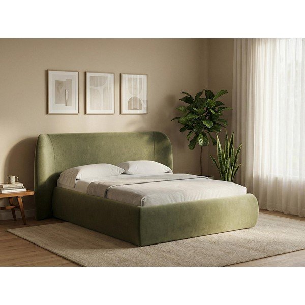 Letto matrimoniale imbottito color senape con contenitore con griglia 180x200 cm Hauke - Makamii-image-1