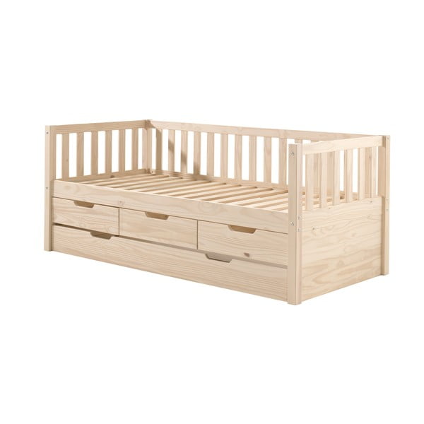 Letto da bambini estraibile di colore naturale in pino massiccio con contenitore con rete inclusa 90x200 cm Fritz – Vipack