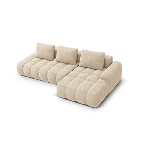 Divano angolare beige allungabile/con contenitore (con penisola a destra/con chaise lounge) con rivestimento in velluto Linz – Cosmopolitan Design-image-3