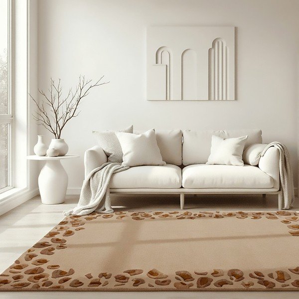 Tappeto di colore naturale in misto lana tessuto a mano 140x200 cm Leopard Frame – Flair Rugs-image-1
