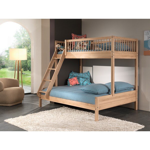 Letto da bambini a castello di colore naturale in rovere massiccio con rete inclusa 140x200/90x200 cm Forrest – Vipack-image-1