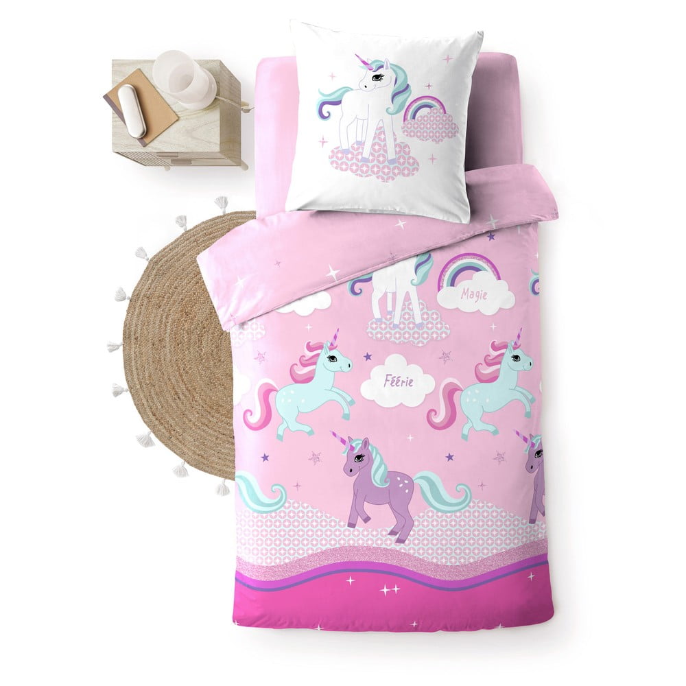 Set copripiumino e federa da bambini rosa in cotone per letto singolo 140x200 cm Licorne – douceur d'intérieur | Biancheria da letto per bambini