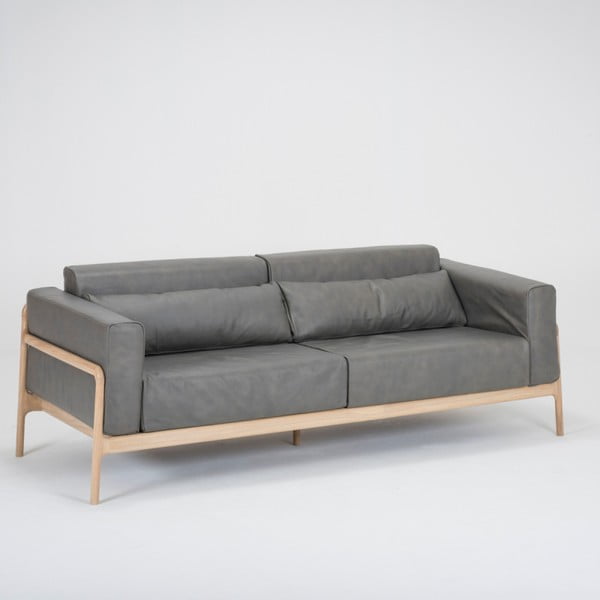 Divano in pelle di bufalo grigio scuro con struttura in rovere massiccio , 210 cm Fawn - Gazzda-image-1