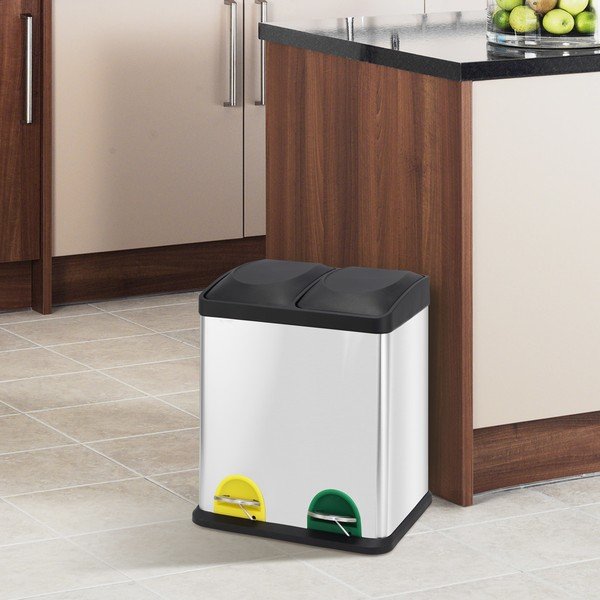 Cestino per la spazzatura color argento opaco in acciaio per raccolta differenziata/con pedale 2x20 l   Tri Selectif – MSV-image-1