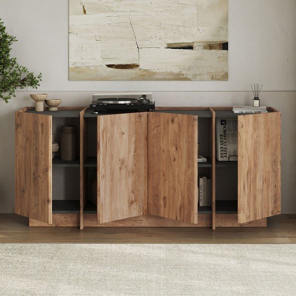 Credenza di colore naturale con effetto pino con apertura per cavi 180x80x45 cm Dorma – Kalune Design-image-2