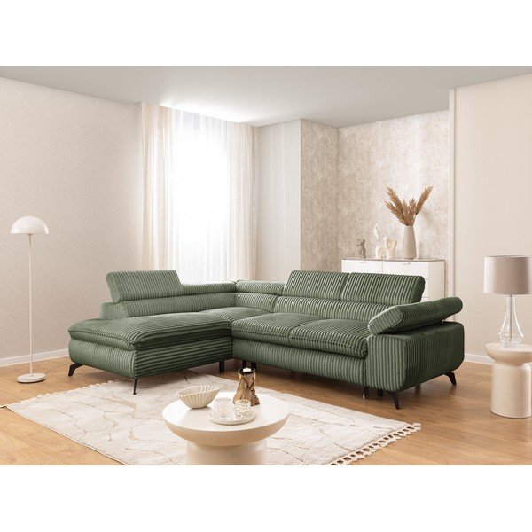 Divano angolare verde (con penisola a sinistra/a L) con rivestimento in velluto a coste Marbeya  – Ropez-image-1