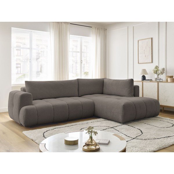 Divano angolare grigio tortora allungabile e con contenitore (penisola a destra/a L) con rivestimento in ciniglia Fuji – Bobochic Paris-image-1