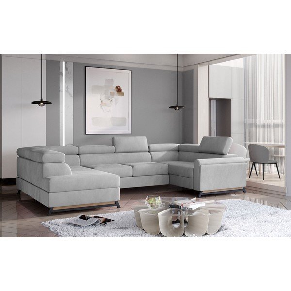 Divano angolare grigio chiaro allungabile/con contenitore (con penisola a sinistra/a U) e rivestimento in velluto Escada – ELTAP-image-1