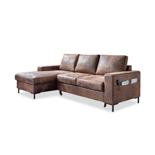 Divano letto vintage in similpelle marrone, angolo sinistro Lofty Lilly - Miuform