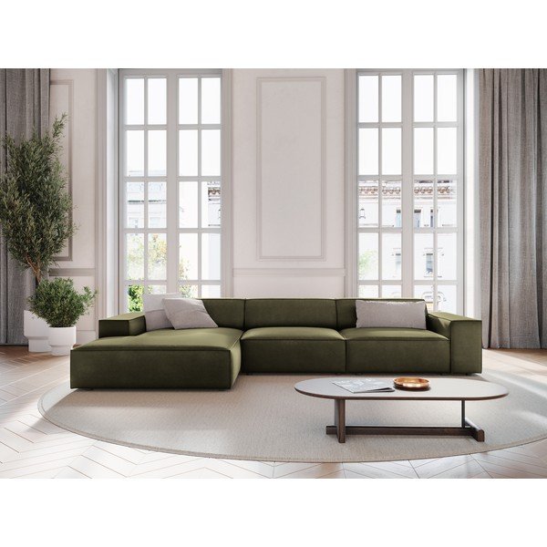 Divano angolare componibile color kaki (con penisola a sinistra/con chaise lounge) con rivestimento in velluto Jodie – Micadoni -image-1