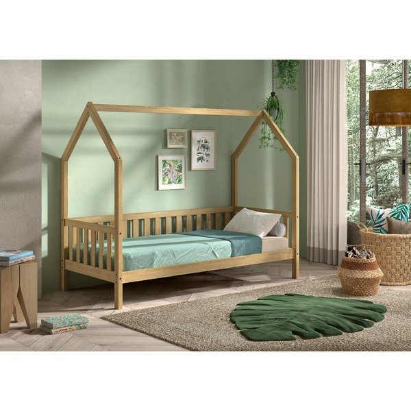 Letto da bambini a forma di casa di colore naturale in rovere massiccio con rete inclusa 90x200 cm Cabane – Vipack-image-1