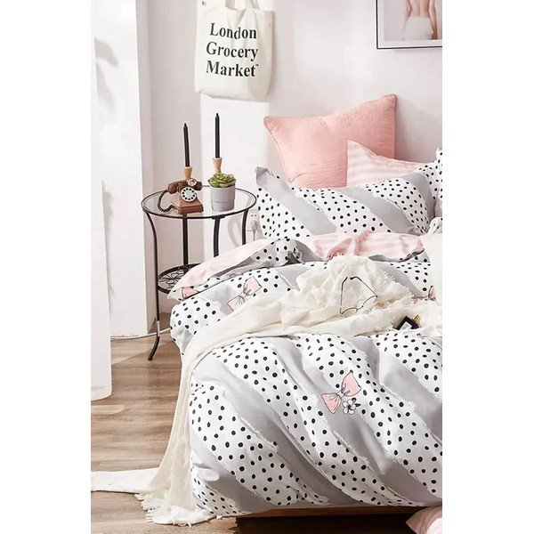 Lenzuolo singolo in cotone bianco e rosa esteso a tre pezzi 160x220 cm Bow and Polka-Dot - Mila Home-image-3