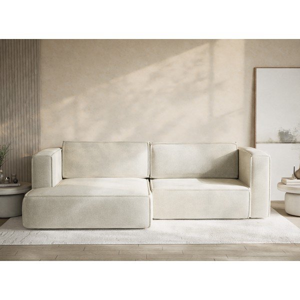 Divano angolare color crema allungabile/con contenitore (con penisola a sinistra/con chaise lounge) con rivestimento in ciniglia Velto – Maison de Rêve-image-1