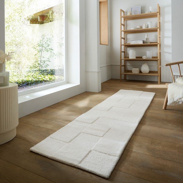 Passatoia avorio in lana tessuta a mano 60x230 cm Checkerboard – Flair Rugs-image-1