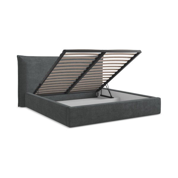 Letto matrimoniale imbottito grigio scuro con contenitore con rete inclusa 180x200 cm Esala – Makamii-image-3