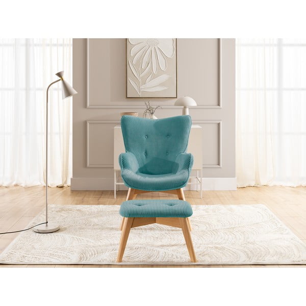 Poltrona con poggiapiedi turchese con rivestimento in velluto a coste Niko – Ropez-image-1