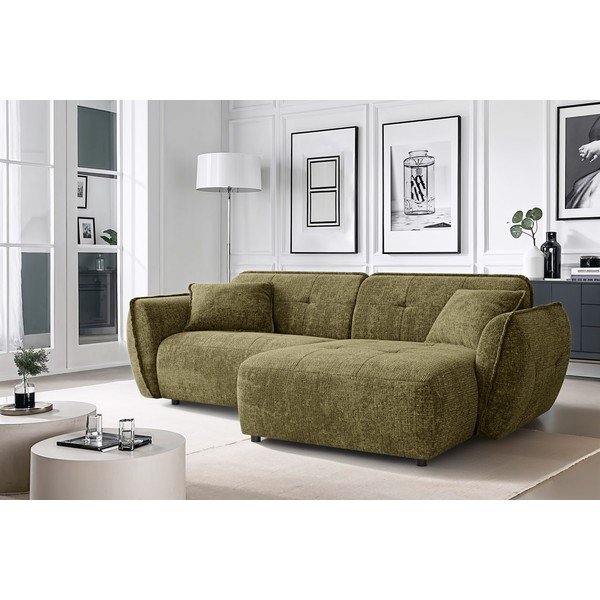 Divano angolare verde (con penisola a destra/con chaise lounge) con rivestimento in ciniglia Nelia – Ropez-image-1