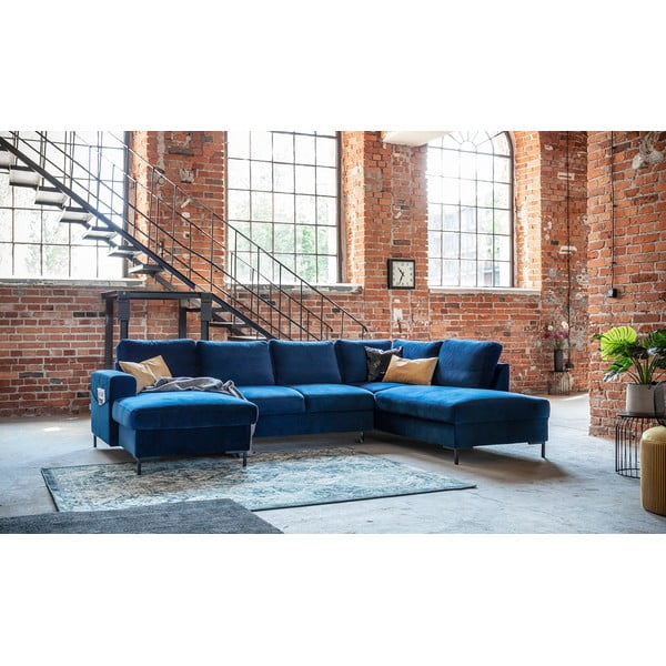Divano letto a U in velluto blu navy, angolo destro Lofty Lilly - Miuform-image-3