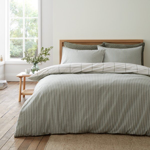 Set copripiumino e federa verde/color crema in flanella per letto singolo 135x200 cm Brushed Regal Check – Bianca-image-2